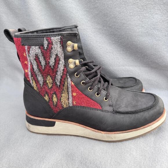 Merrell Boots Womens Size 8 Black Red Aztec Knit Lace Up Ankle Moc Toe J001964‎ - Picture 2 of 9